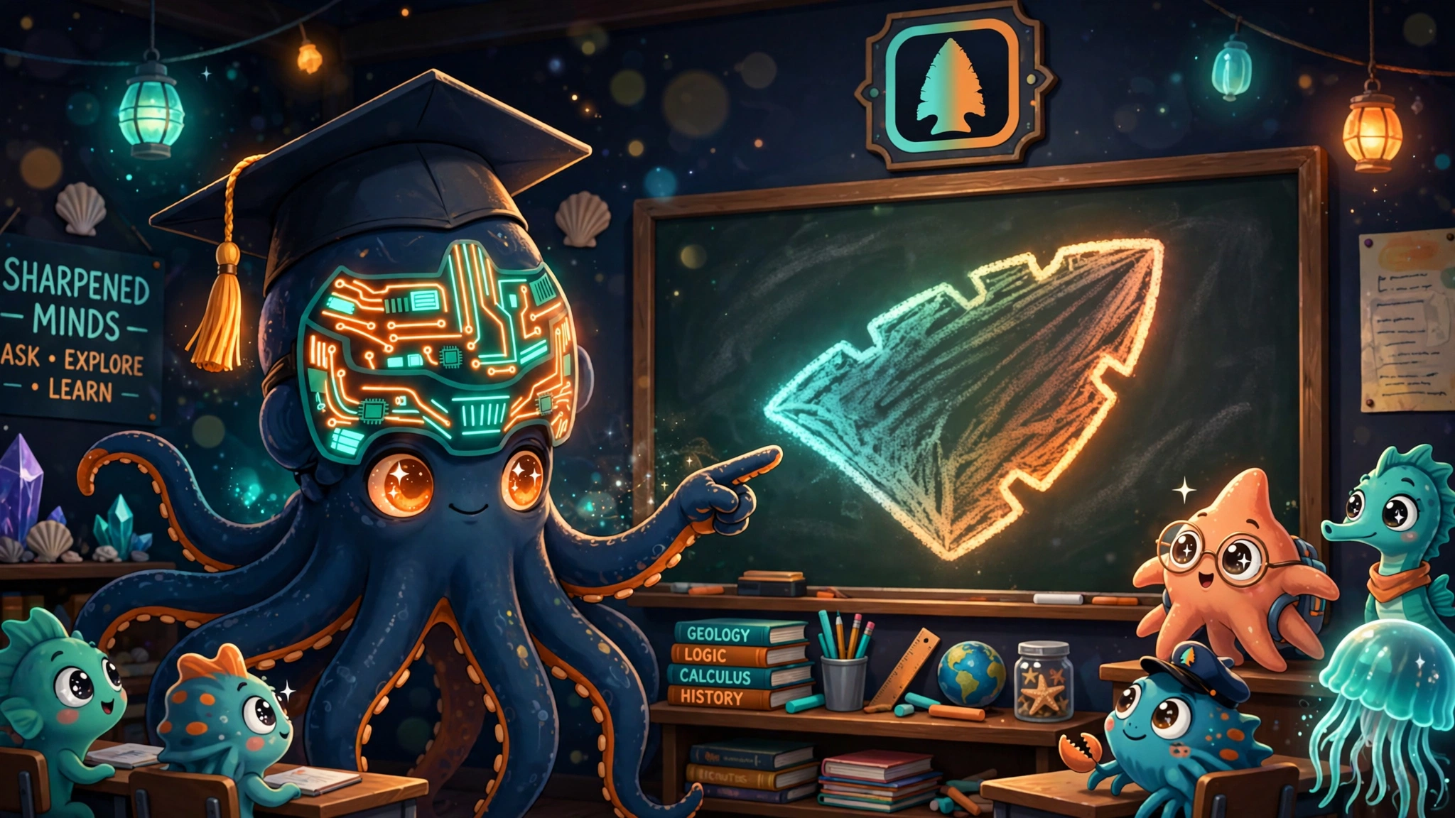 Nightstone as a teacher with a graduation cap pointing at an arrowhead on a chalkboard
