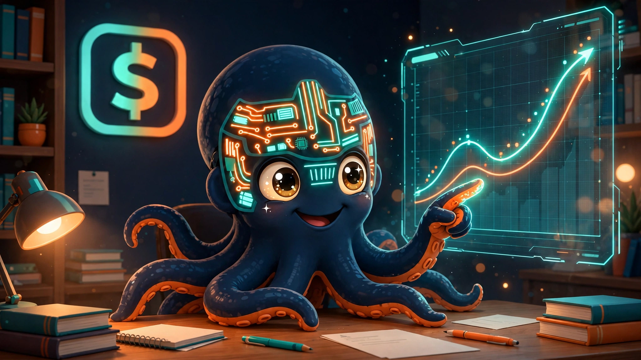 Nightstone as a financial analyst studying a glowing upward chart