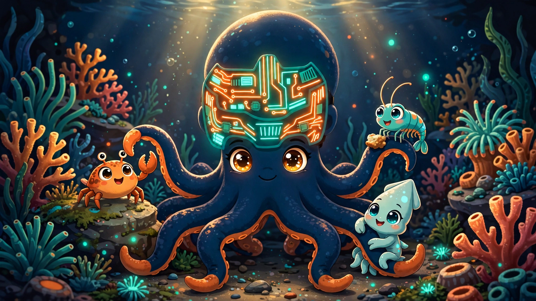 Nightstone gently helping a crab, shrimp, and baby squid in a coral garden