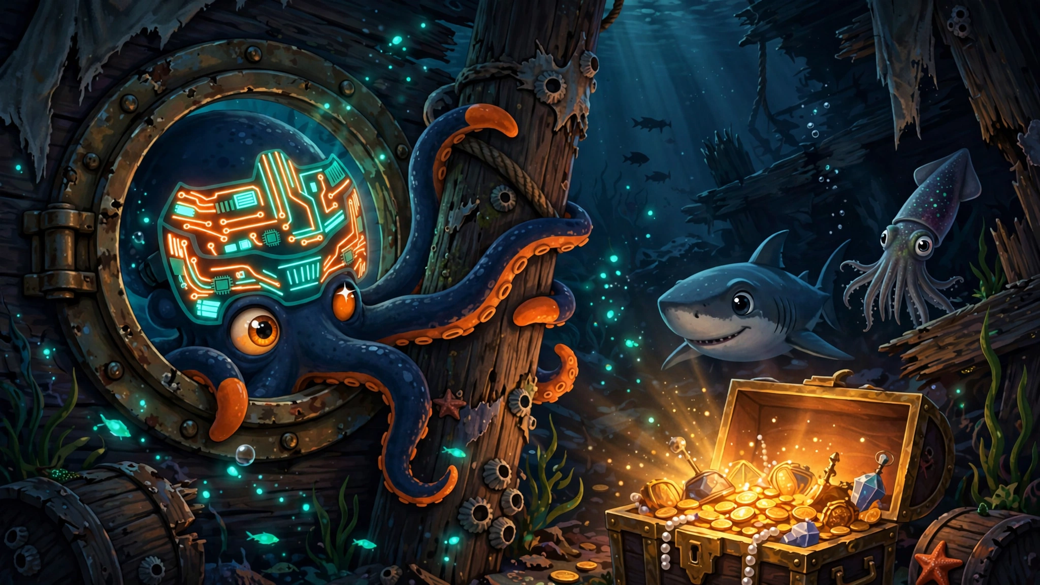 Nightstone peeking through a shipwreck porthole beside a glowing treasure chest