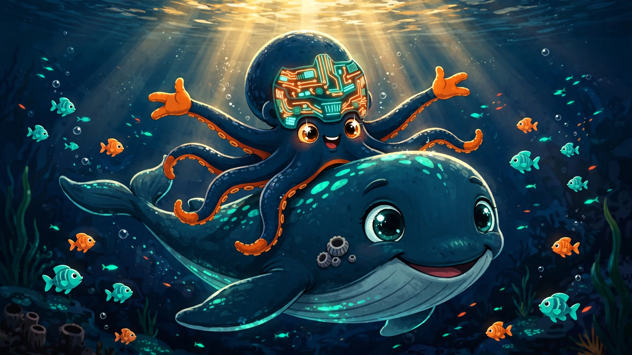 Nightstone joyfully riding on the back of a giant friendly whale