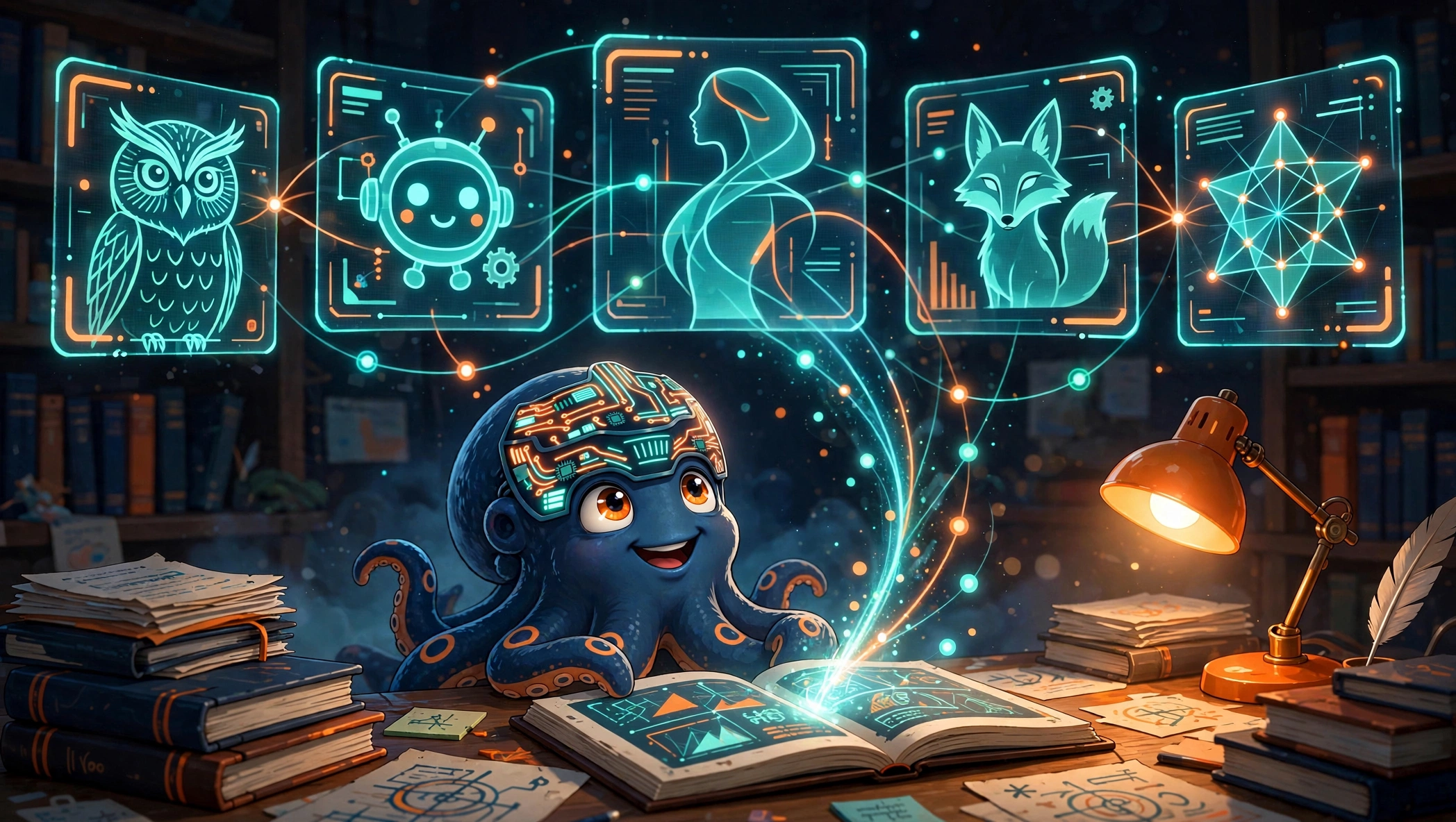 Nightstone at his research desk, consulting five holographic AI panels linked by streams of light